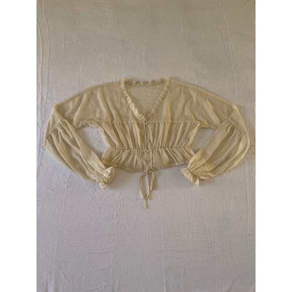 Forever 21 Tops - Forever 21 Cream Chiffon Ruffle V-Neck Cropped Blouse Balloon Sleeve Small